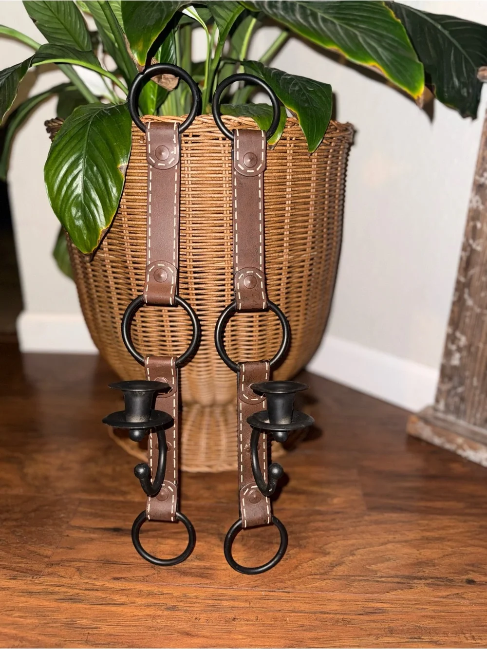 1990s Equestrian Faux Leather Metal Candle Sconces In Style Of Jacques Adnet